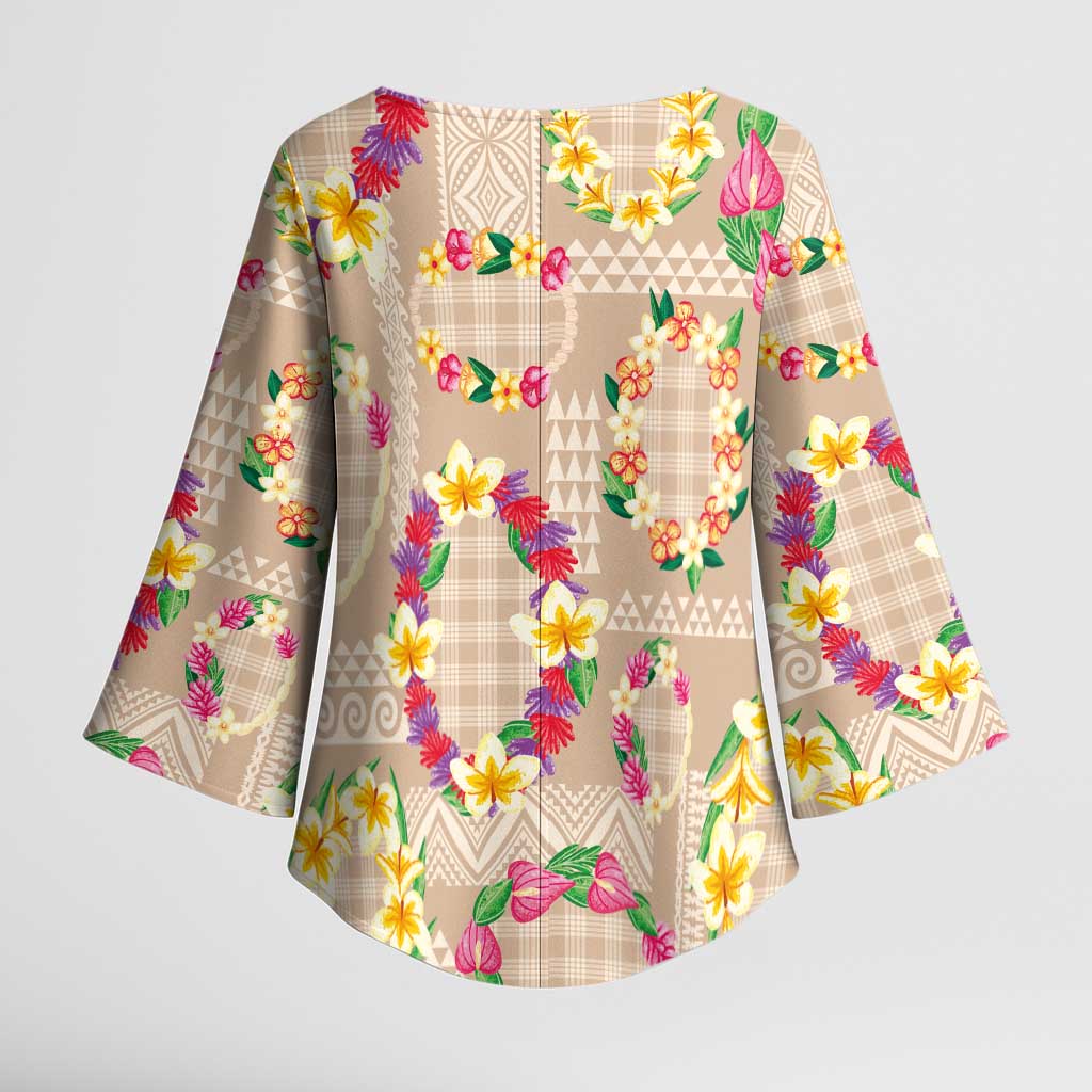 Hawaiian Kakau Tattoo Leis and Palaka Pattern Kimono Sleeve Blouse Traditional Aloha Tribal Beige Color