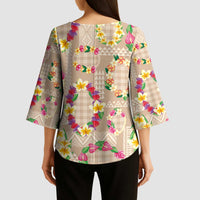 Hawaiian Kakau Tattoo Leis and Palaka Pattern Kimono Sleeve Blouse Traditional Aloha Tribal Beige Color