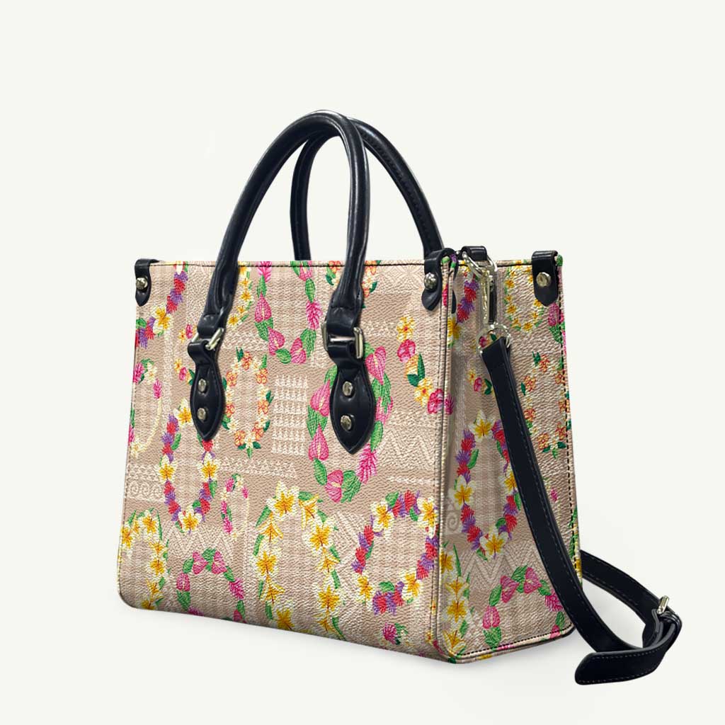 Hawaiian Kakau Tattoo Leis and Palaka Pattern Leather Bag Traditional Aloha Tribal Beige Color