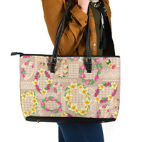 Hawaiian Kakau Tattoo Leis and Palaka Pattern Leather Tote Bag Traditional Aloha Tribal Beige Color