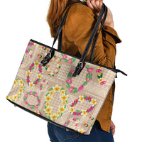 Hawaiian Kakau Tattoo Leis and Palaka Pattern Leather Tote Bag Traditional Aloha Tribal Beige Color