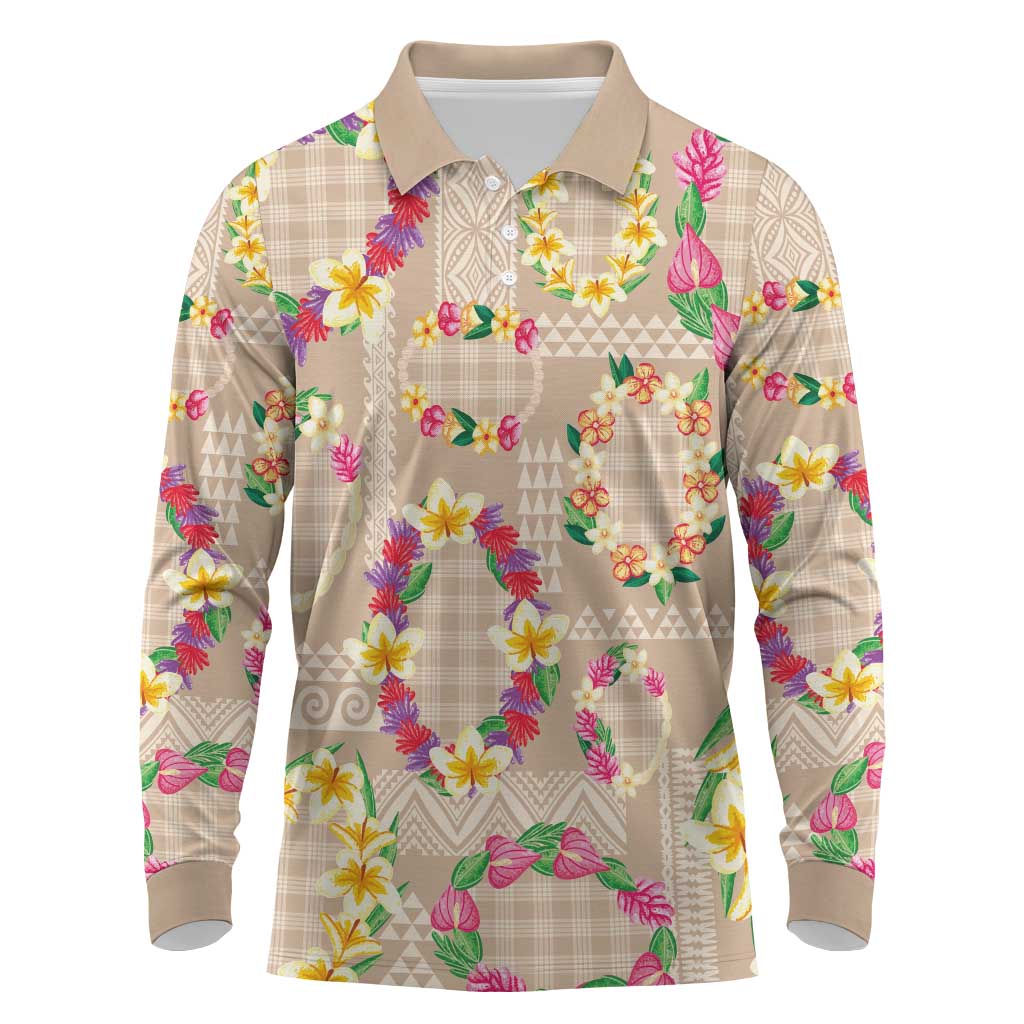 Hawaiian Kakau Tattoo Leis and Palaka Pattern Long Sleeve Polo Shirt Traditional Aloha Tribal Beige Color LT03 Beige - Polynesian Pride