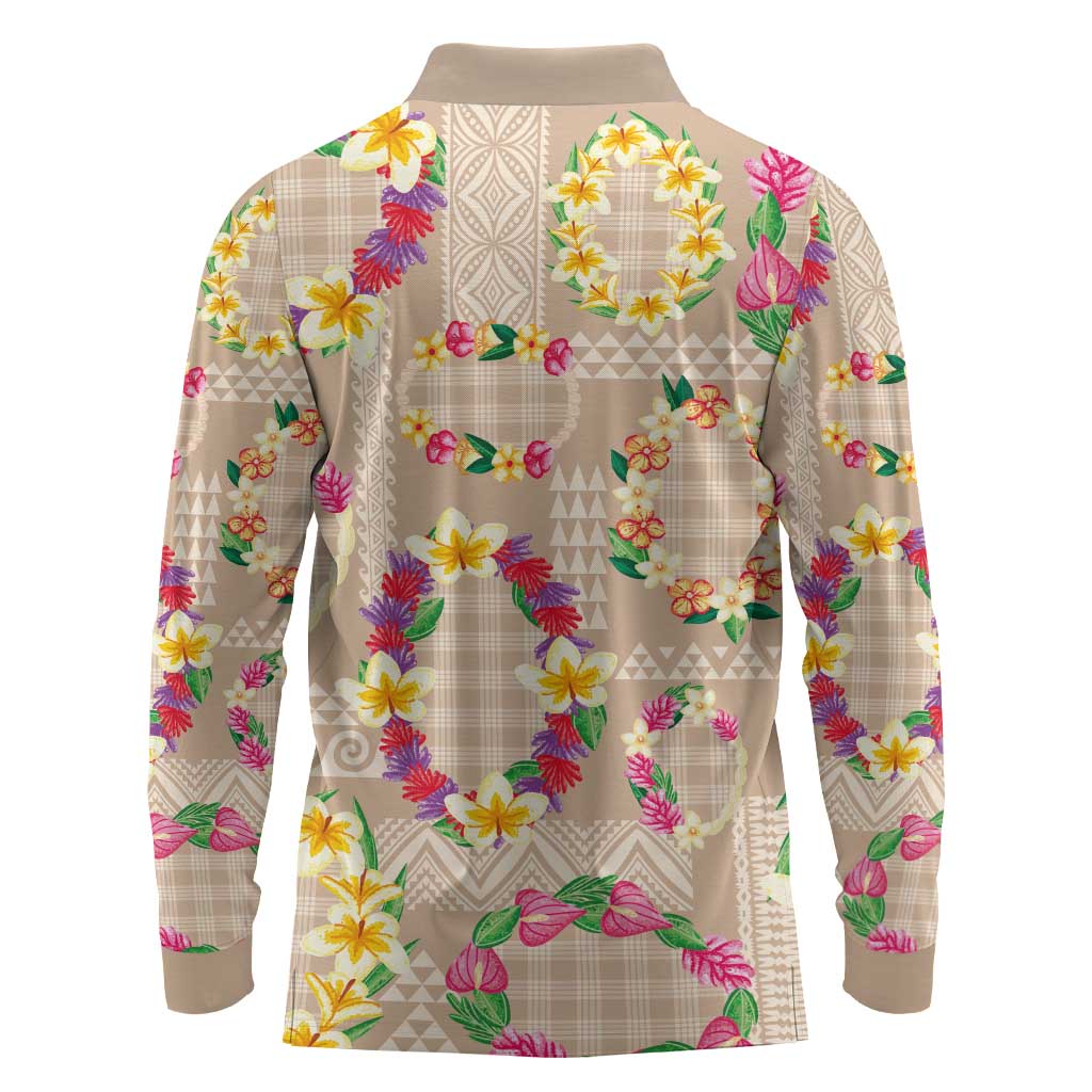 Hawaiian Kakau Tattoo Leis and Palaka Pattern Long Sleeve Polo Shirt Traditional Aloha Tribal Beige Color LT03 - Polynesian Pride