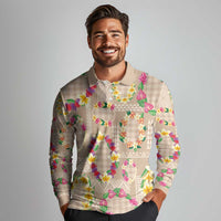 Hawaiian Kakau Tattoo Leis and Palaka Pattern Long Sleeve Polo Shirt Traditional Aloha Tribal Beige Color LT03 - Polynesian Pride
