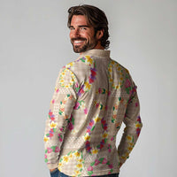 Hawaiian Kakau Tattoo Leis and Palaka Pattern Long Sleeve Polo Shirt Traditional Aloha Tribal Beige Color LT03 - Polynesian Pride