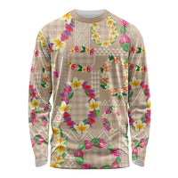 Hawaiian Kakau Tattoo Leis and Palaka Pattern Long Sleeve Shirt Traditional Aloha Tribal Beige Color