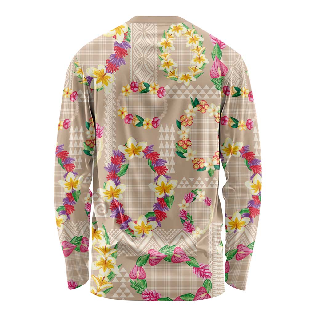 Hawaiian Kakau Tattoo Leis and Palaka Pattern Long Sleeve Shirt Traditional Aloha Tribal Beige Color