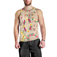 Hawaiian Kakau Tattoo Leis and Palaka Pattern Men Tank Top Traditional Aloha Tribal Beige Color