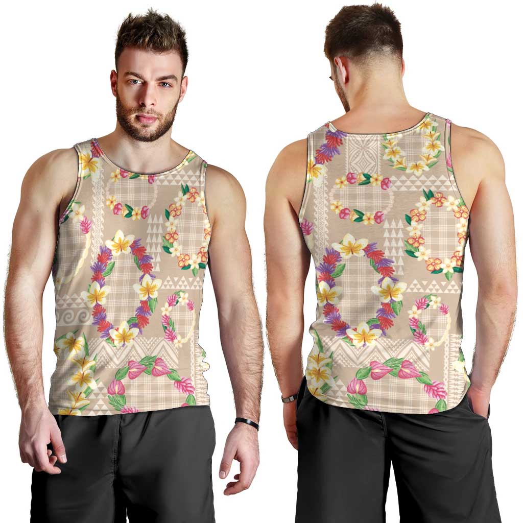 Hawaiian Kakau Tattoo Leis and Palaka Pattern Men Tank Top Traditional Aloha Tribal Beige Color