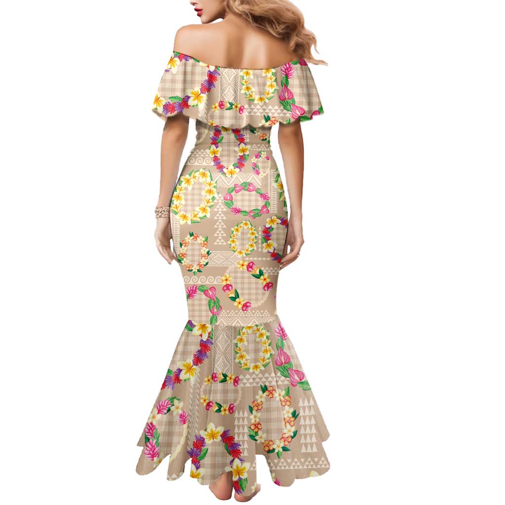 Hawaiian Kakau Tattoo Leis and Palaka Pattern Mermaid Dress Traditional Aloha Tribal Beige Color