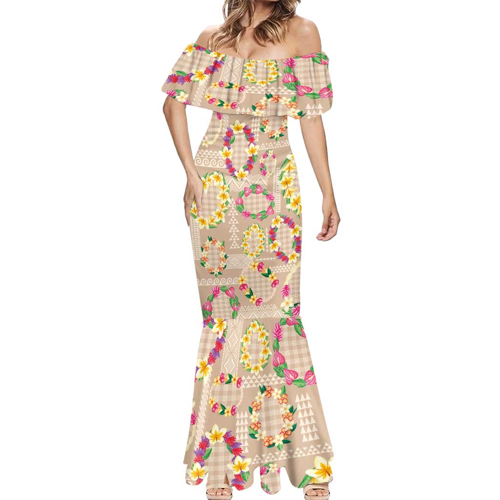 Hawaiian Kakau Tattoo Leis and Palaka Pattern Mermaid Dress Traditional Aloha Tribal Beige Color