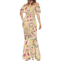 Hawaiian Kakau Tattoo Leis and Palaka Pattern Mermaid Dress Traditional Aloha Tribal Beige Color