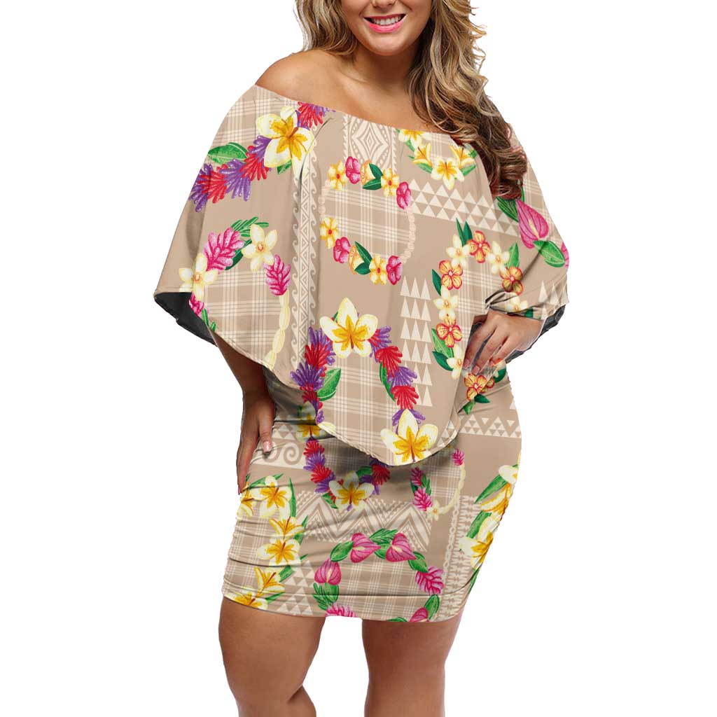 Hawaiian Kakau Tattoo Leis and Palaka Pattern Off Shoulder Short Dress Traditional Aloha Tribal Beige Color
