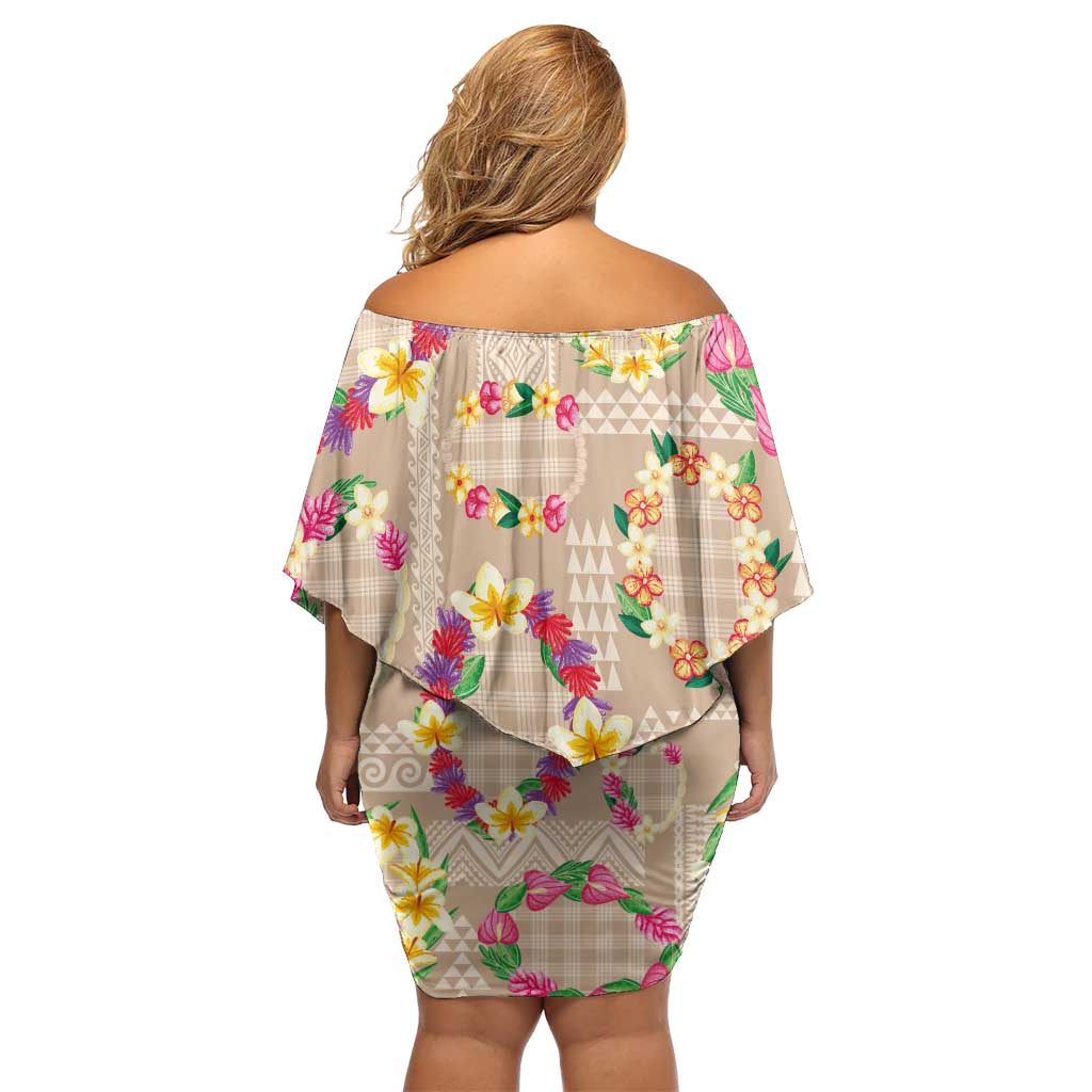Hawaiian Kakau Tattoo Leis and Palaka Pattern Off Shoulder Short Dress Traditional Aloha Tribal Beige Color
