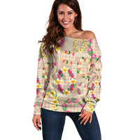 Hawaiian Kakau Tattoo Leis and Palaka Pattern Off Shoulder Sweater Traditional Aloha Tribal Beige Color