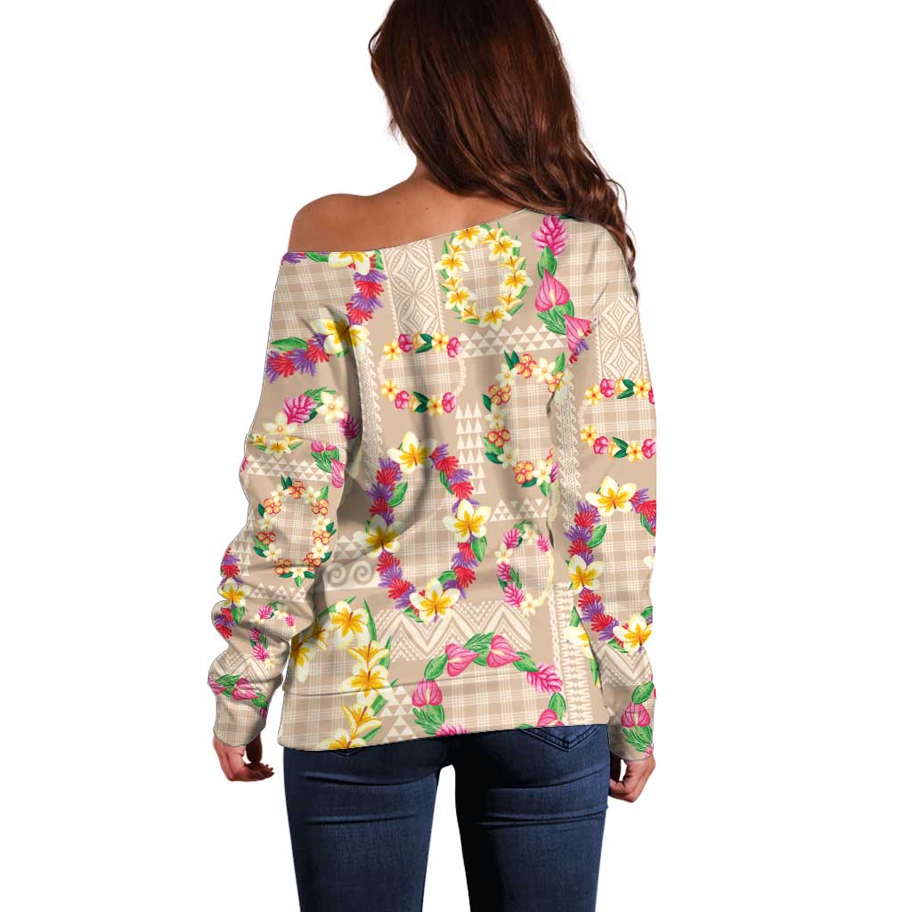 Hawaiian Kakau Tattoo Leis and Palaka Pattern Off Shoulder Sweater Traditional Aloha Tribal Beige Color