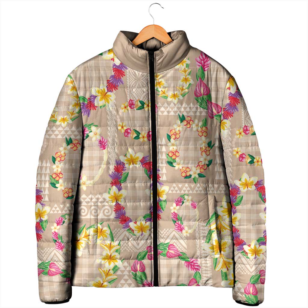 Hawaiian Kakau Tattoo Leis and Palaka Pattern Padded Jacket Traditional Aloha Tribal Beige Color