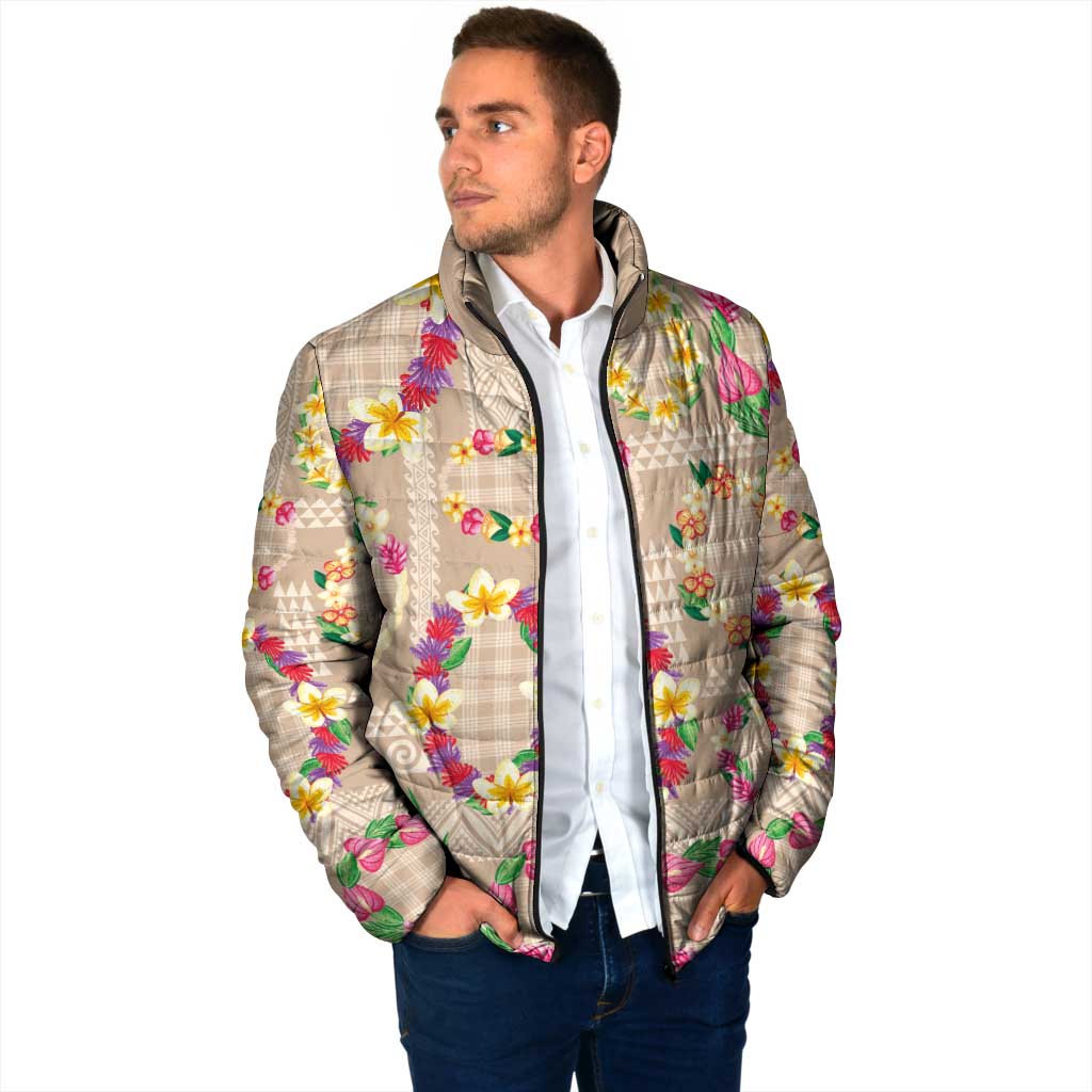 Hawaiian Kakau Tattoo Leis and Palaka Pattern Padded Jacket Traditional Aloha Tribal Beige Color