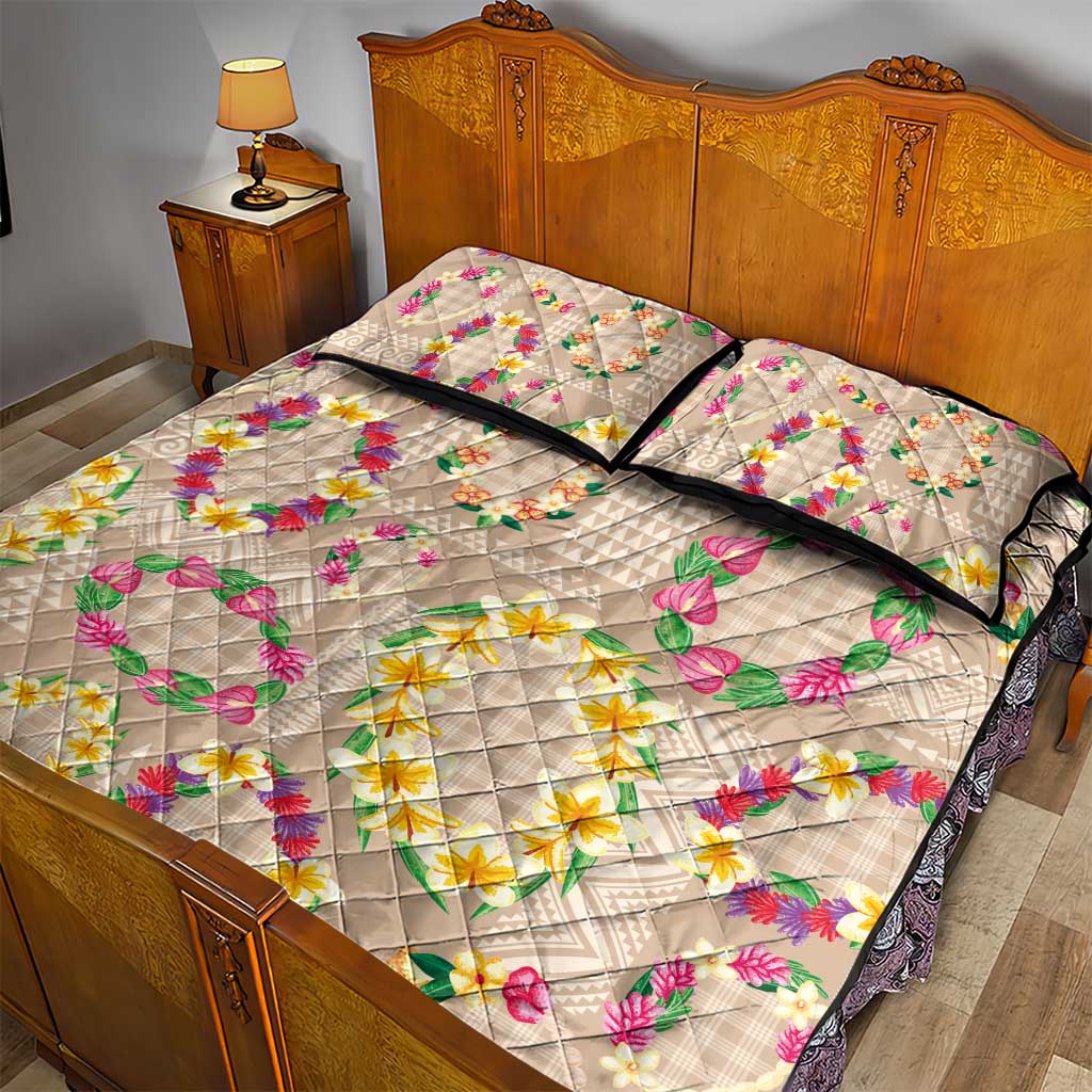 Hawaiian Kakau Tattoo Leis and Palaka Pattern Quilt Bed Set Traditional Aloha Tribal Beige Color