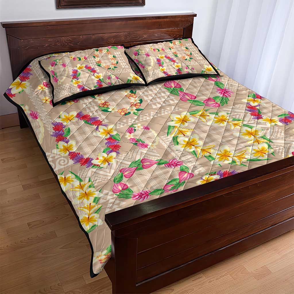 Hawaiian Kakau Tattoo Leis and Palaka Pattern Quilt Bed Set Traditional Aloha Tribal Beige Color