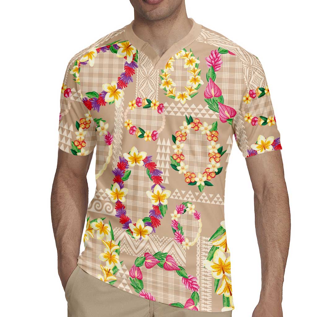 Hawaiian Kakau Tattoo Leis and Palaka Pattern Rugby Jersey Traditional Aloha Tribal Beige Color