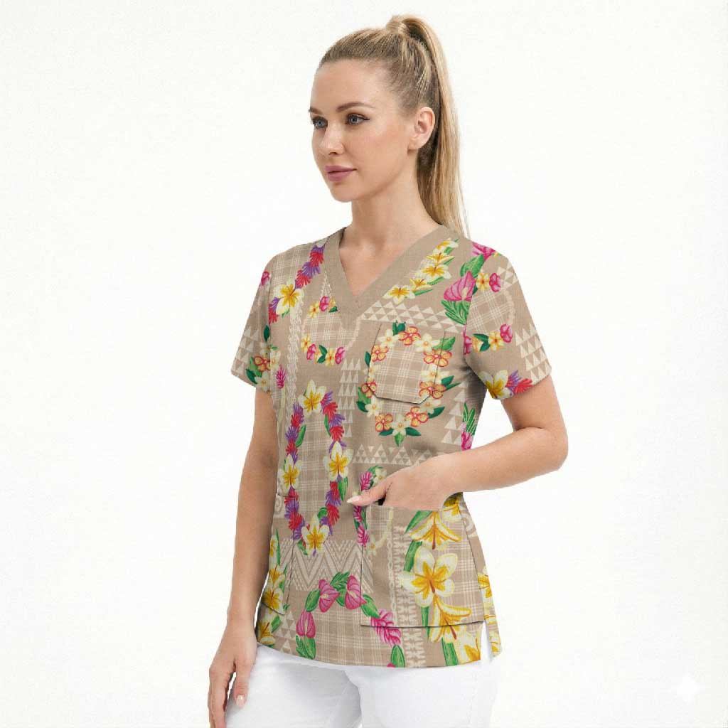 Hawaiian Kakau Tattoo Leis and Palaka Pattern Scrub Top Traditional Aloha Tribal Beige Color