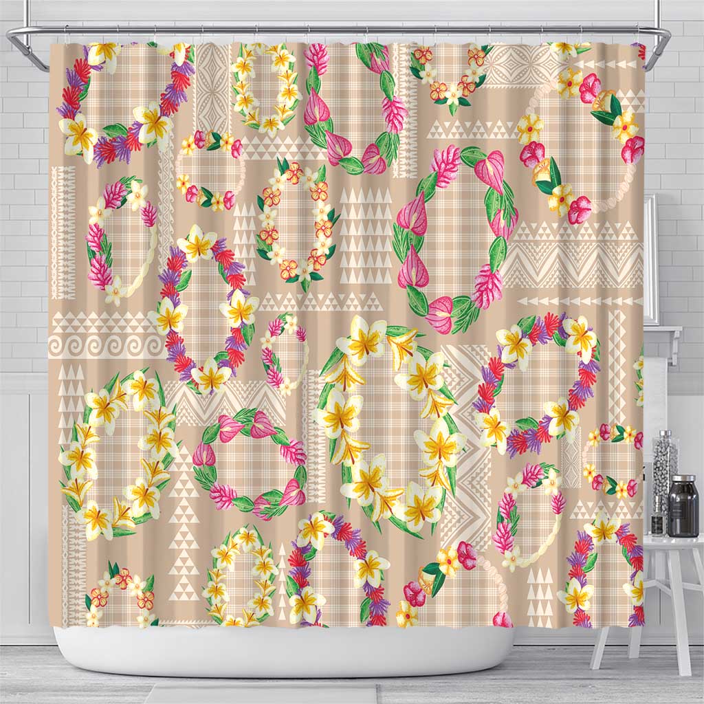 Hawaiian Kakau Tattoo Leis and Palaka Pattern Shower Curtain Traditional Aloha Tribal Beige Color