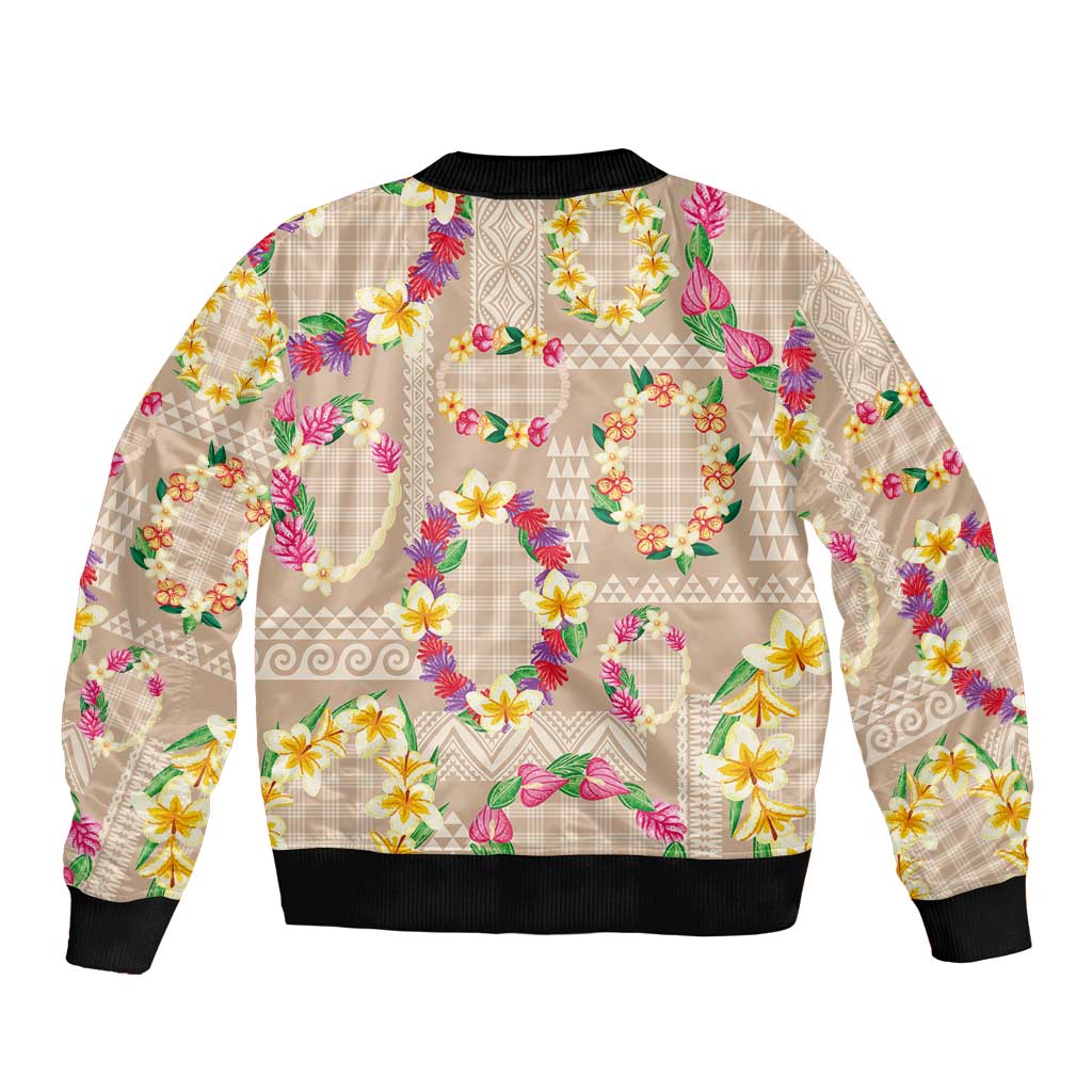 Hawaiian Kakau Tattoo Leis and Palaka Pattern Sleeve Zip Bomber Jacket Traditional Aloha Tribal Beige Color