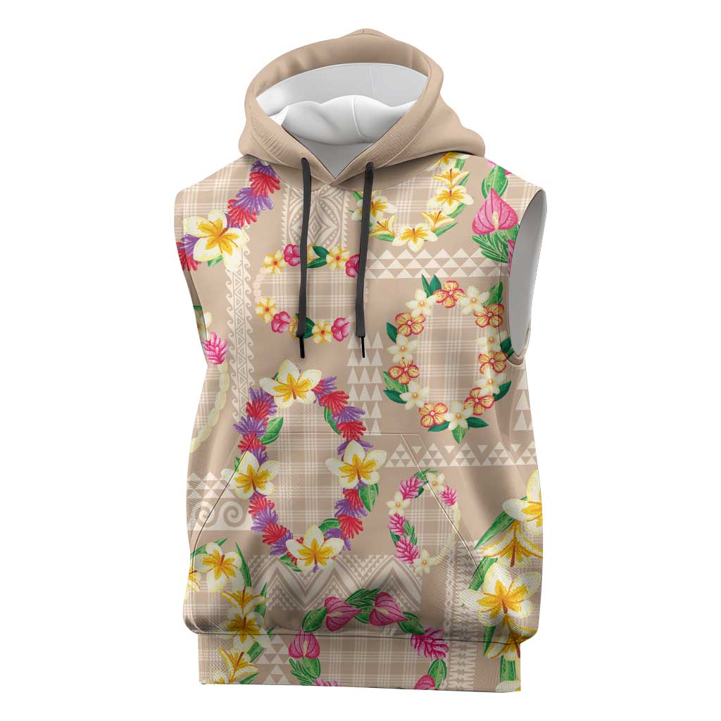 Hawaiian Kakau Tattoo Leis and Palaka Pattern Sleeveless Hoodie Traditional Aloha Tribal Beige Color