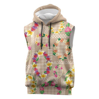 Hawaiian Kakau Tattoo Leis and Palaka Pattern Sleeveless Hoodie Traditional Aloha Tribal Beige Color