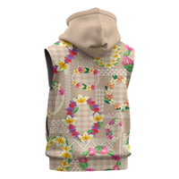 Hawaiian Kakau Tattoo Leis and Palaka Pattern Sleeveless Hoodie Traditional Aloha Tribal Beige Color