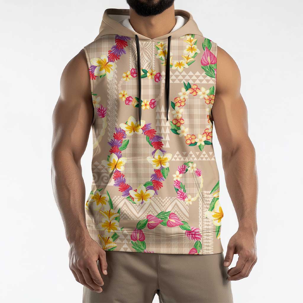 Hawaiian Kakau Tattoo Leis and Palaka Pattern Sleeveless Hoodie Traditional Aloha Tribal Beige Color