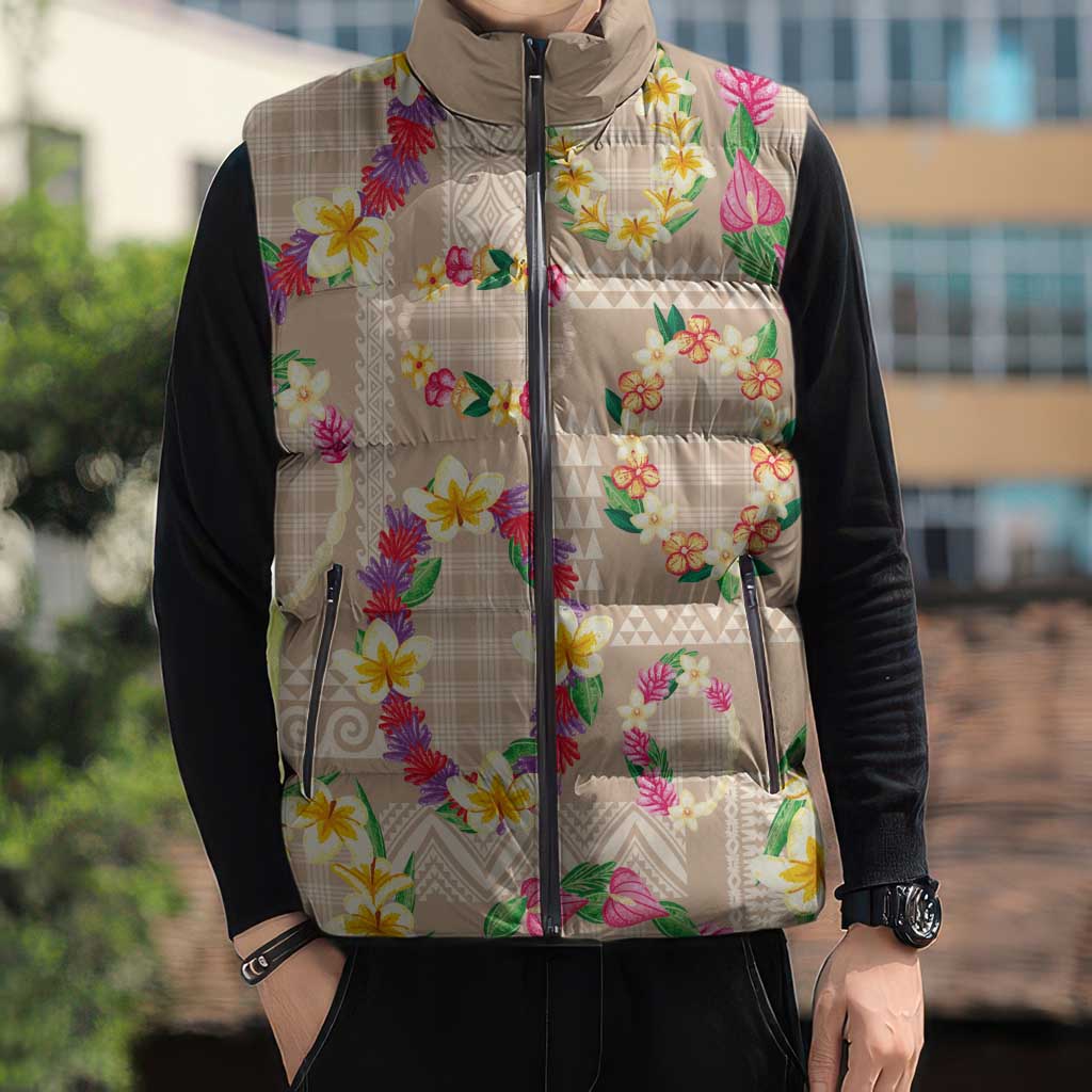 Hawaiian Kakau Tattoo Leis and Palaka Pattern Sleeveless Puffer Jacket Traditional Aloha Tribal Beige Color