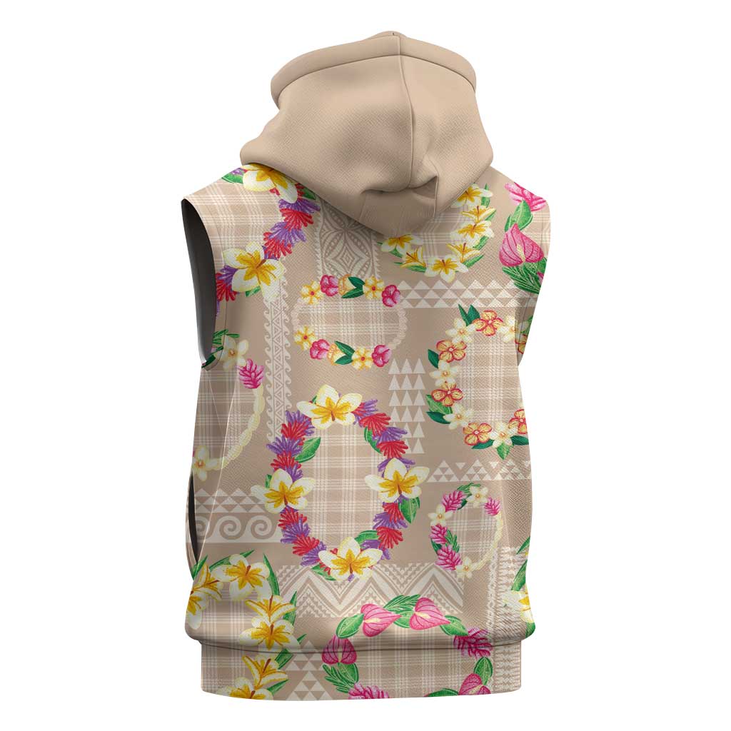 Hawaiian Kakau Tattoo Leis and Palaka Pattern Sleeveless Zip Hoodie Traditional Aloha Tribal Beige Color