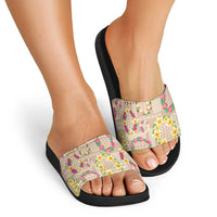 Hawaiian Kakau Tattoo Leis and Palaka Pattern Slide Sandals Traditional Aloha Tribal Beige Color