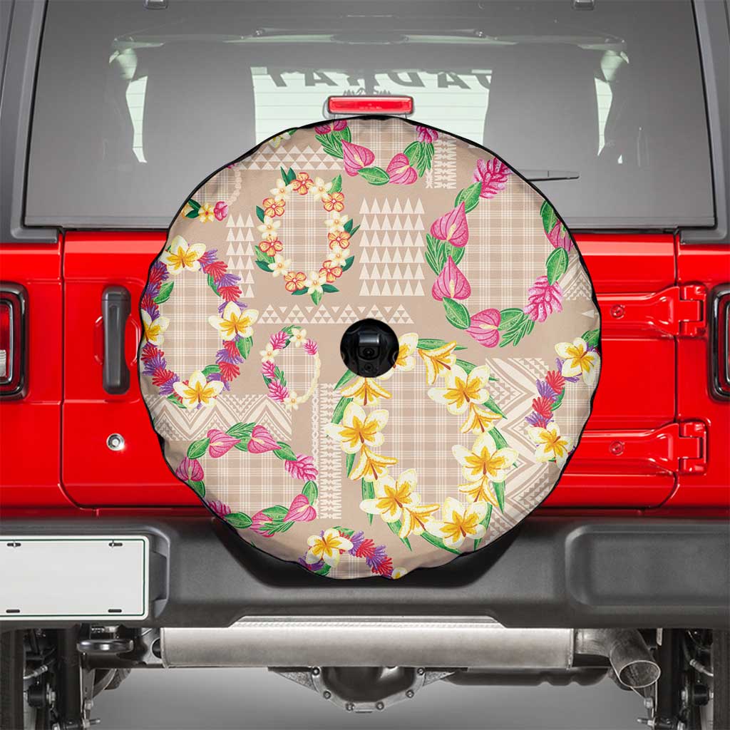 Hawaiian Kakau Tattoo Leis and Palaka Pattern Spare Tire Cover Traditional Aloha Tribal Beige Color LT03 - Polynesian Pride