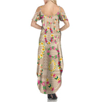 Hawaiian Kakau Tattoo Leis and Palaka Pattern Summer Maxi Dress Traditional Aloha Tribal Beige Color