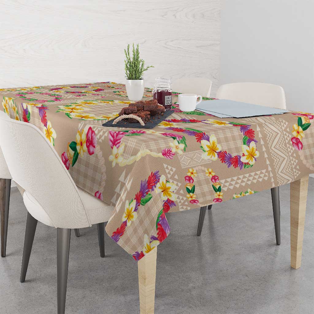 Hawaiian Kakau Tattoo Leis and Palaka Pattern Tablecloth Traditional Aloha Tribal Beige Color