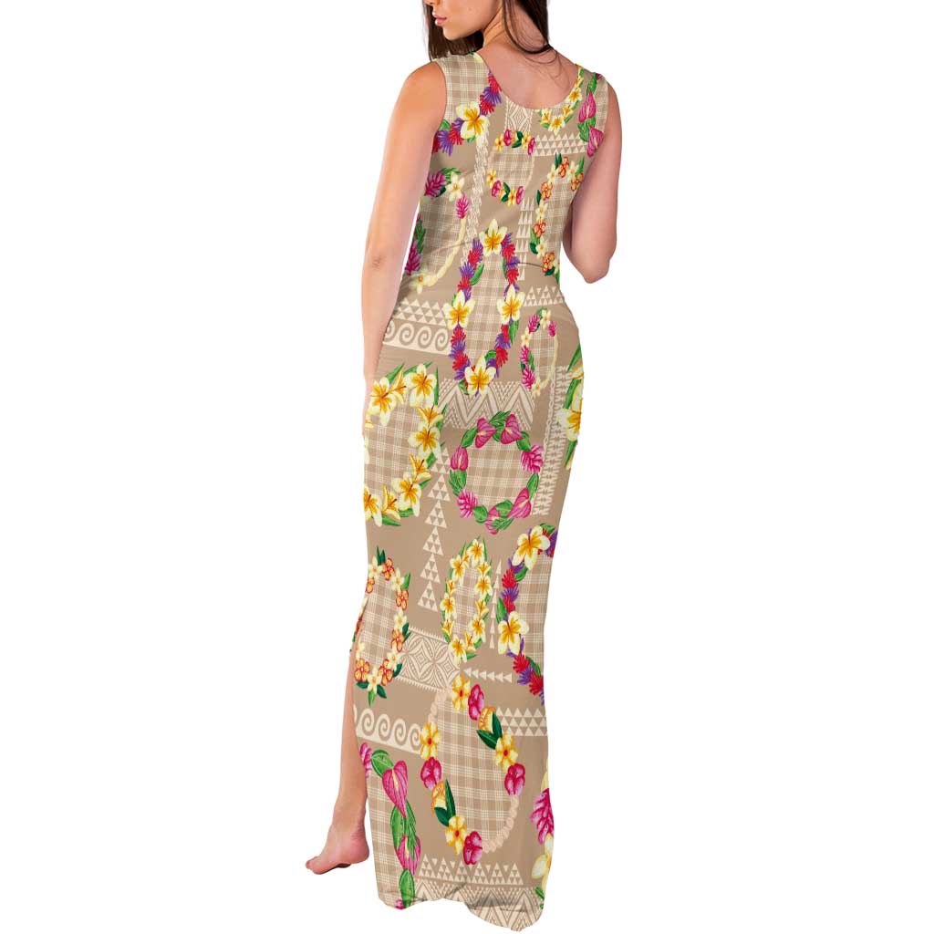 Hawaiian Kakau Tattoo Leis and Palaka Pattern Tank Maxi Dress Traditional Aloha Tribal Beige Color