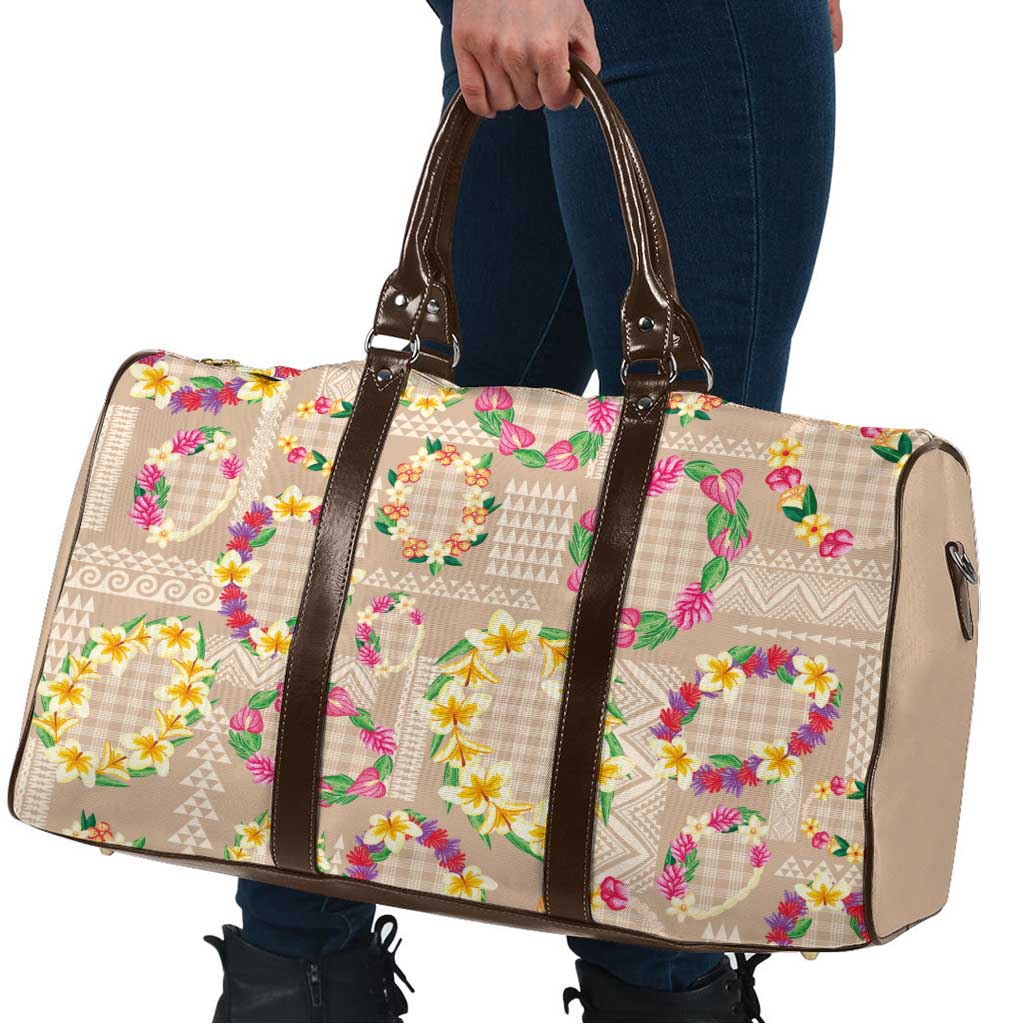 Hawaiian Kakau Tattoo Leis and Palaka Pattern Travel Bag Traditional Aloha Tribal Beige Color