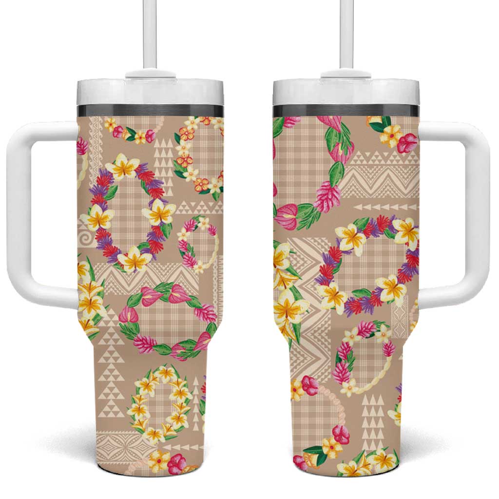 Hawaiian Kakau Tattoo Leis and Palaka Pattern Tumbler With Handle Traditional Aloha Tribal Beige Color