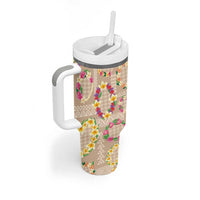 Hawaiian Kakau Tattoo Leis and Palaka Pattern Tumbler With Handle Traditional Aloha Tribal Beige Color