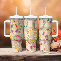 Hawaiian Kakau Tattoo Leis and Palaka Pattern Tumbler With Handle Traditional Aloha Tribal Beige Color