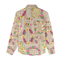 Hawaiian Kakau Tattoo Leis and Palaka Pattern Women Casual Shirt Traditional Aloha Tribal Beige Color LT03 - Polynesian Pride