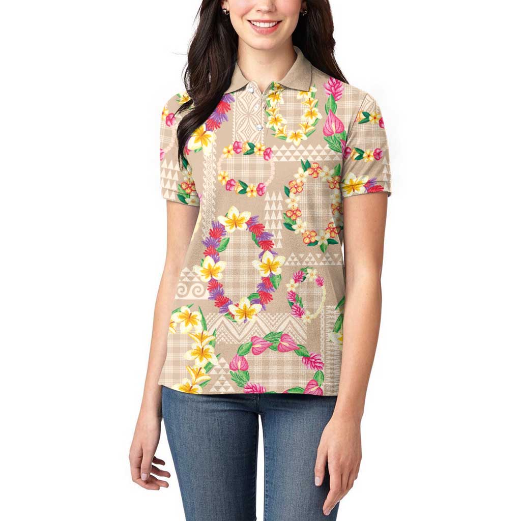 Hawaiian Kakau Tattoo Leis and Palaka Pattern Women Polo Shirt Traditional Aloha Tribal Beige Color LT03 - Polynesian Pride