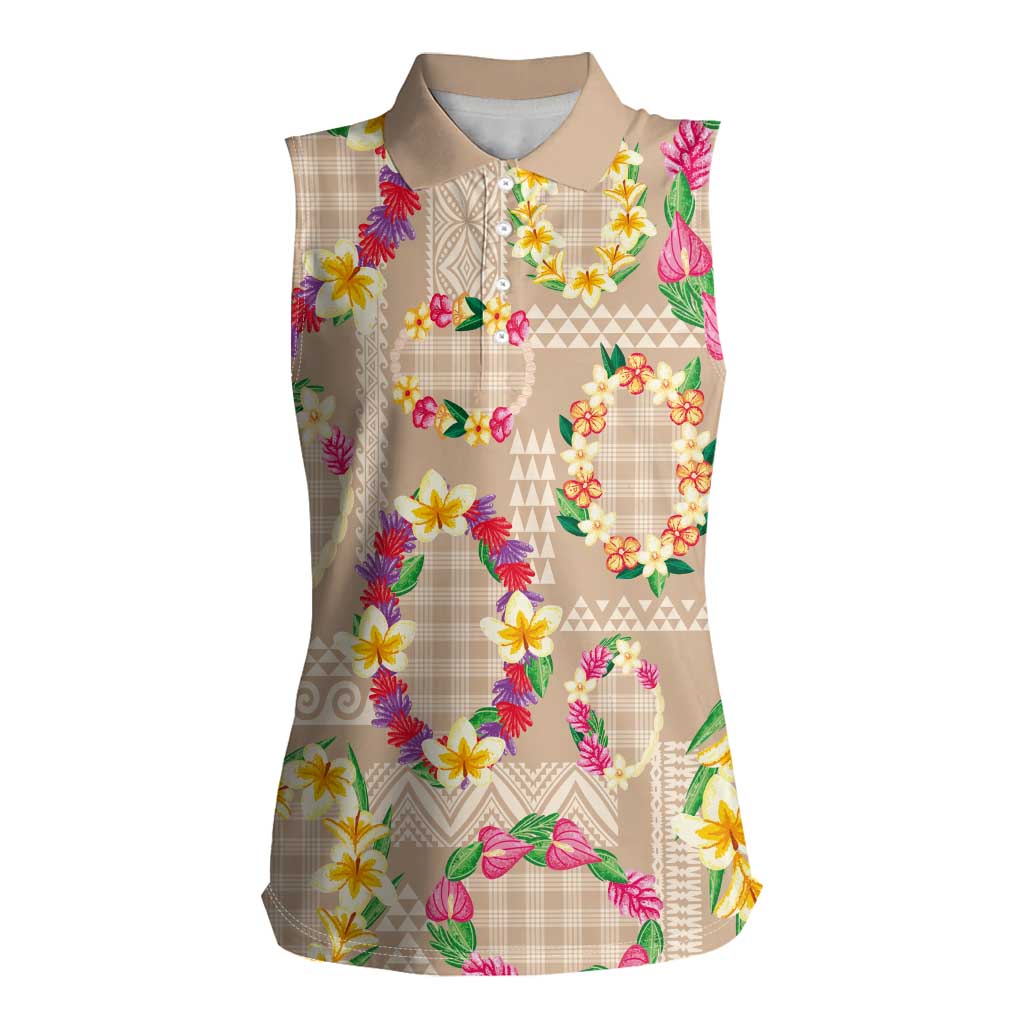Hawaiian Kakau Tattoo Leis and Palaka Pattern Women Sleeveless Polo Shirt Traditional Aloha Tribal Beige Color LT03 Female Beige - Polynesian Pride