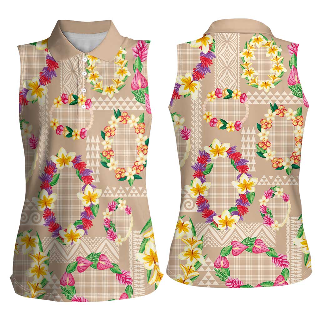 Hawaiian Kakau Tattoo Leis and Palaka Pattern Women Sleeveless Polo Shirt Traditional Aloha Tribal Beige Color LT03 - Polynesian Pride