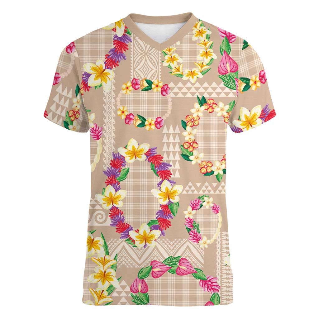 Hawaiian Kakau Tattoo Leis and Palaka Pattern Women V-Neck T-Shirt Traditional Aloha Tribal Beige Color LT03 Female Beige - Polynesian Pride