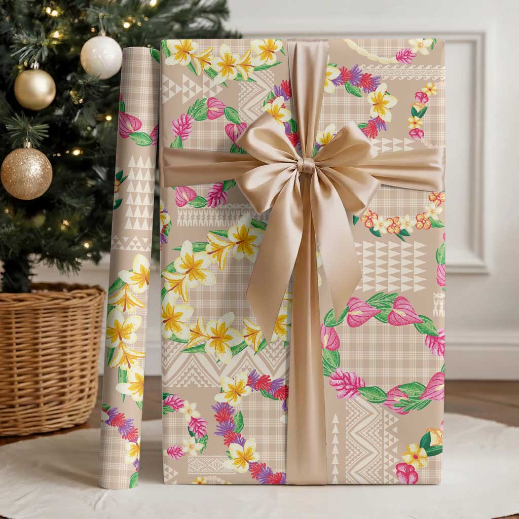 Hawaiian Kakau Tattoo Leis and Palaka Pattern Wrapping Paper Traditional Aloha Tribal Beige Color