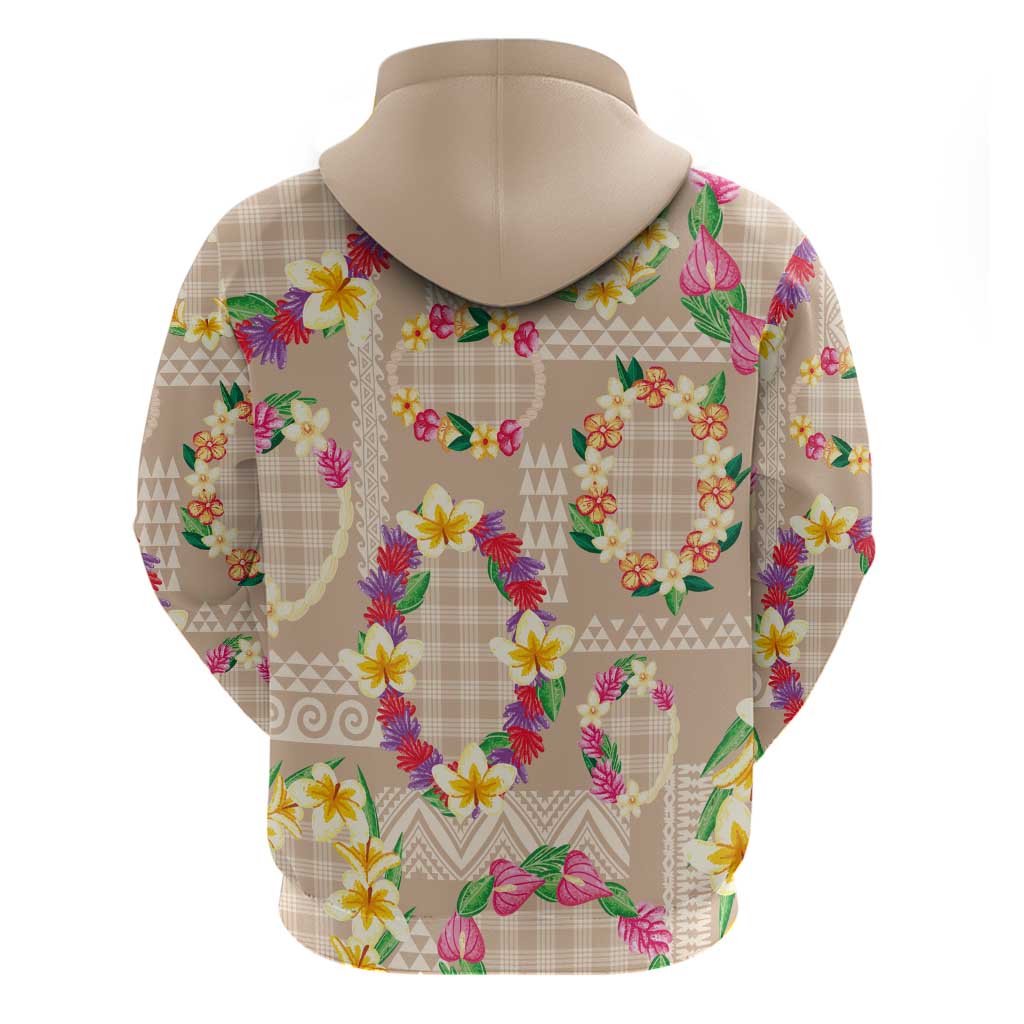 Hawaiian Kakau Tattoo Leis and Palaka Pattern Zip Hoodie Traditional Aloha Tribal Beige Color